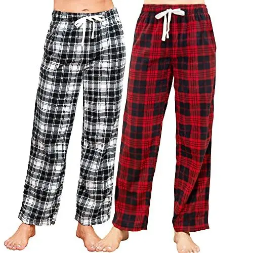 Produktbild: U2SKIIN Pyjamahose Damen lang kariert Schlafhose Schlafanzughosen für Damen Fleece Pyjama Hosen Nachtwäsche Freizeithose mit Taschen (Rot Schwarz Kariert+ Weiß Schwarz Kariert, M)