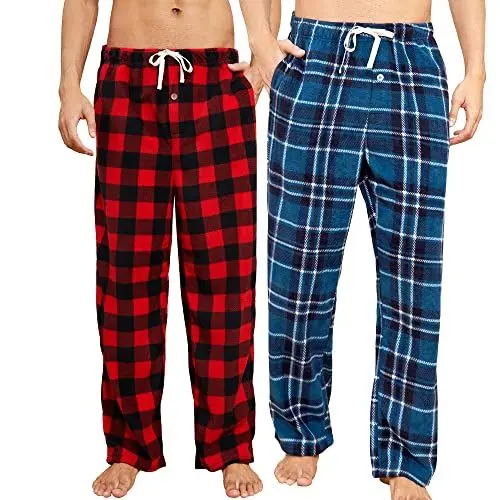Produktbild: U2SKIIN Pyjamahose Herren lang kariert Schlafhose Schlafanzughosen für Herren Fleece Pyjama Hosen Nachtwäsche Freizeithose mit Taschen (Büffel Karo Rot+Marineblau Grün Kariert, L)