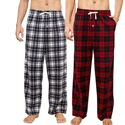 Produktbild: U2SKIIN Pyjamahose Herren lang kariert Schlafhose Schlafanzughosen für Herren Fleece Pyjama Hosen Nachtwäsche Freizeithose mit Taschen (Rot Schwarz Kariert+ Weiß Schwarz Kariert, L)