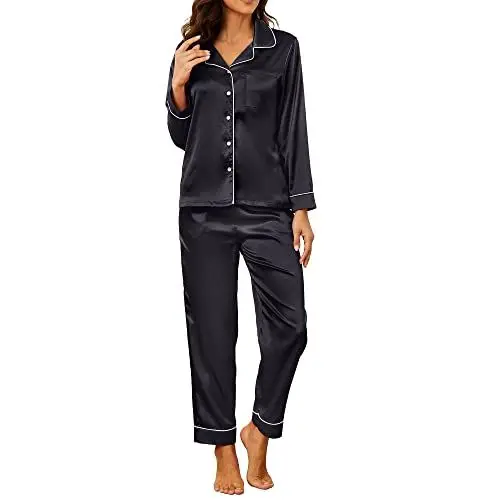 Produktbild: U2SKIIN Satin Pyjama Damen lang, Seiden Schlafanzug Damen Langarm Pyjama Set mit Knopfleiste Nachtwäsche Hausanzug Loungewear (Schwarz, L)