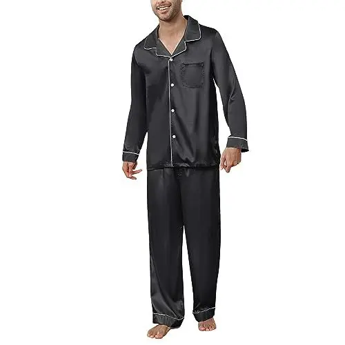 Produktbild: U2SKIIN Satin Pyjama Herren lang, Seiden Schlafanzug Herren Langarm Pyjama Set mit Knopfleiste Nachtwäsche Hausanzug Loungewear (Schwarz, L)