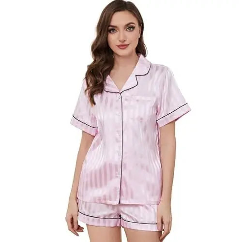 Produktbild: U2SKIIN Satin Schlafanzug Damen Pyjama kurz Set Knopfleiste gestreift 2er Seide Pyjama Nachtwäsche Loungewear (Hellrosa, M)