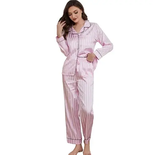 Produktbild: U2SKIIN Satin Schlafanzug Damen Pyjama lang Set mit Knopfleiste gestreift Zweiteiliger Seide Pyjama Nachtwäsche Loungewear (Hellrosa, S)