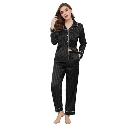 Produktbild: U2SKIIN Satin Schlafanzug Damen Pyjama lang Set mit Knopfleiste gestreift Zweiteiliger Seide Pyjama Nachtwäsche Loungewear (Schwarz, XL)