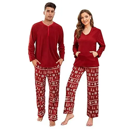 Produktbild: U2SKIIN Schlafanzug Damen Fleece Pyjama lang Karierte Schlafanzüge für Damen Kuschel Pyjama Set warme Nachtwäsche Loungwear (Dunkelrot/Weihnachtsbaum-W, M)