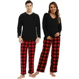 Produktbild: U2SKIIN Schlafanzug Damen Fleece Pyjama lang Karierte Schlafanzüge für Damen Kuschel Pyjama Set warme Nachtwäsche Loungwear (Schwarz/Büffelkaro-Rot-W, XL)