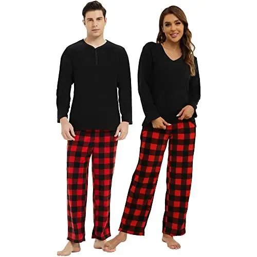 Produktbild: U2SKIIN Schlafanzug Damen Fleece Pyjama lang Karierte Schlafanzüge für Damen Kuschel Pyjama Set warme Nachtwäsche Loungwear (Schwarz/Büffelkaro-Rot-W, XL)