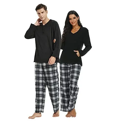 Produktbild: U2SKIIN Schlafanzug Damen Fleece Pyjama lang Karierte Schlafanzüge für Damen Kuschel Pyjama Set warme Nachtwäsche Loungwear (Schwarz/Weiß-Schwarz Kariert-W, XL)