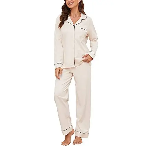Produktbild: U2SKIIN Schlafanzug Damen lang 100% Baumwolle, Pyjama Damen weiche Pyjamas Set leichte Nachtwäsche Schlafanzüge für Frauen Zweiteiler Pyjama Set (Beige, M)