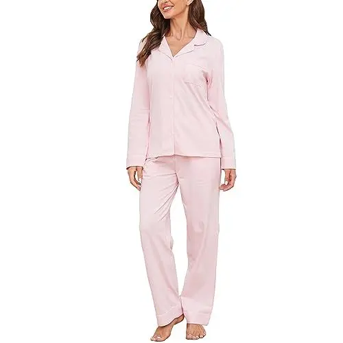 Produktbild: U2SKIIN Schlafanzug Damen lang 100% Baumwolle, Pyjama Damen weiche Pyjamas Set leichte Nachtwäsche Schlafanzüge für Frauen Zweiteiler Pyjama Set (Hellrosa, M)