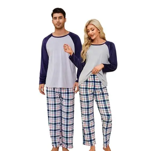 Produktbild: U2SKIIN Schlafanzug Damen lang Fleece Pyjama Set Karierte Pyjamas Nachtwäsche kuschelig warme Loungwear (Marineblau/Marineblau-Weiß kariert, M)