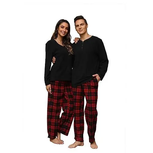 Produktbild: U2SKIIN Schlafanzug Herren Fleece Pyjama lang Karierte Schlafanzüge für Herren Kuschel Pyjama Set warme Nachtwäsche Loungwear (Schwarz/Rot-Schwarz Kariert, XL)