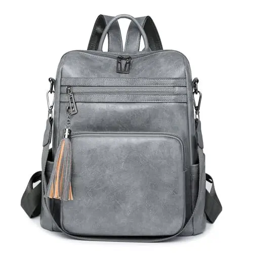 Produktbild: UAAQV Anti-Diebstahl-Rucksack, modischer PU-Leder-Rucksack für Damen, Schultertasche, Schultasche, grau