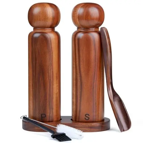 Produktbild: Uallsny Pfeffermühle Holz Salzmühle Manuell Gewürzmühle Salz und Pfeffermühle mit verstellbarem Keramikmahlwerk 2er Set mit Untersetzer für Pfeffer Salz Gewürze Höhe 20 cm