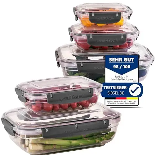 Produktbild: uandu Frischhaltedosen mit Deckel für Lebensmittel, 5er Tupperdosen Set, Vorratsdosen Luftdicht, Meal Prep Boxen, Mikrowellengeschirr mit Deckel und Gefriergeeignet, BPA frei Kunststoff