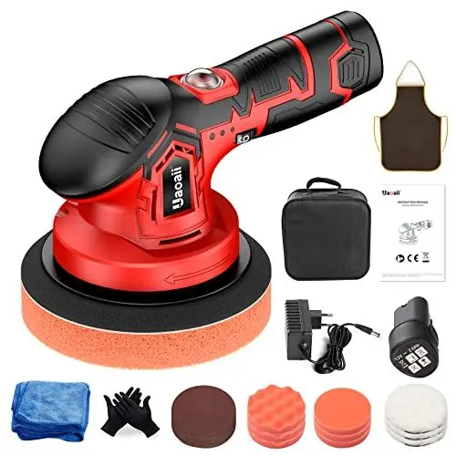 Produktbild: Uaoaii Akku Poliermaschine, Exzenter Polierer für Auto, 6 Variable Geschwindigkeit, Drehmoment 2500-5500 /Min, Bürstenloser Elektro-Motor, Polierkörper 145mm, 2 Akkus und 10 Polieraufsätze