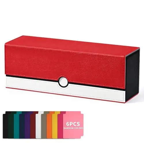 Produktbild: UAONO Karten-Aufbewahrungsbox für Sammelkarten, 600+ PU-Leder, Commander-Kartendeck-Hülle, Magnetverschluss, Kartenhalter, passend für magische Spielkarten (Rot und Weiß)