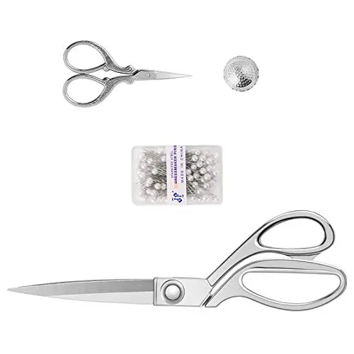 Produktbild: Uaugulft Stoffscheren-Set, Professionelles Premium-Scheren-Geschenkset - mit Schneiderschere, Stickschere, Fingerhut und Perlenkopfnadeln, Silber