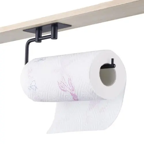 Produktbild: ubeegol Küchenrollenhalter ohne Bohren - Selbstklebend Drehbar Spüllappenhalter Praktisch Papierrollenhalter Edelstahl Schwarze | Rollenhalter unter dem Schrank | Küchenrollenhalter Wand 30CM