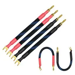 Produktbild: UCINNOVATE 4 x HiFi OFC Spade to Banana Plug Speaker Wire, 13AWG 21cm Speaker Jumper Cable für Verstärker, Bi-Wire Jumper Bridge Spade to Banana Speaker Cable mit vergoldeten Bananensteckern