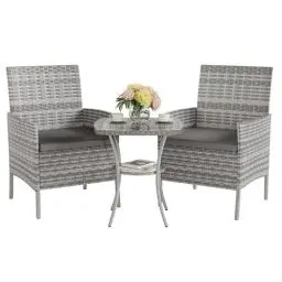 Produktbild: UDPATIO Gartenmöbel Set 3-Teilige Lounge Balkonmöbel Set mit Wetterfeste Gartentisch und 2 Stühlen für Kleiner Balkon, Terrasse und Draußen, Strapazierfähige Polyrattan Terrassenmöbel 2 Personen Grau