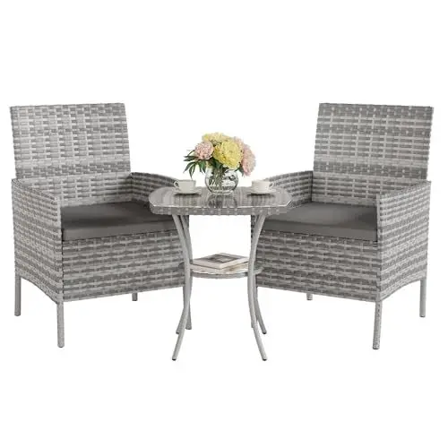 Produktbild: UDPATIO Gartenmöbel Set 3-Teilige Lounge Balkonmöbel Set mit Wetterfeste Gartentisch und 2 Stühlen für Kleiner Balkon, Terrasse und Draußen, Strapazierfähige Polyrattan Terrassenmöbel 2 Personen Grau