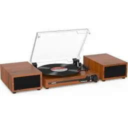 Produktbild: Udreamer Plattenspieler mit 2 Dual-Stereo-Lautsprechern, Vintage Plattenspieler Bluetooth 5.3 unterstützt 3 Geschwindigkeiten, AUX-In, Cinch-Line, USB, kabellose Wiedergabe, Braun