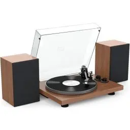 Produktbild: Udreamer Plattenspieler mit Integriertem Vorverstärker, Hi-Fi-System mit 40-W-Regallautsprechern, Bluetooth, Aluminium-Plattenteller, Riemenantrieb mit 2 Geschwindigkeiten, AT-3600L Braun