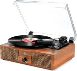Produktbild: Udreamer Schallplattenspieler, Plattenspieler mit integrierten Lautsprechern und Bluetooth Riemenantrieb, Vintage-Phonograph mit 3 Geschwindigkeiten für Musikgenuss und Heimdekoration (Holzbraun)