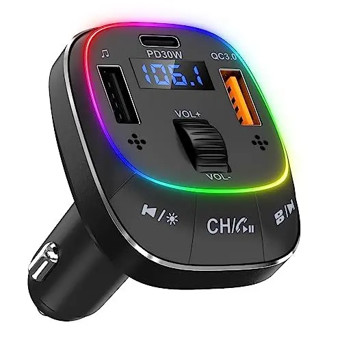 Produktbild: UEASE Bluetooth 5.3 FM Transmitter, Bluetooth Auto Radio Adapter, Metall 48W PD& QC3.0 Schnelles Autoladegerät mit Freisprecheinrichtung, Stärkere Dual-Mikrofone, Unterstützt USB-Stick, Ringlicht