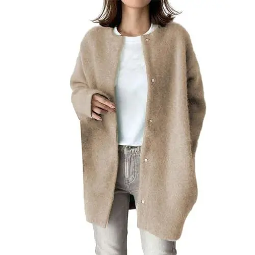 Produktbild: Übergangsjacke Damen Große Größen Winterjacke Damen Koreanischer Wollmantel Schlanker Graben Langer Mantel Winter Eleganter Rundhalsausschnitt Gerader Koreanischer Mantel Mittellanger Janker Damen