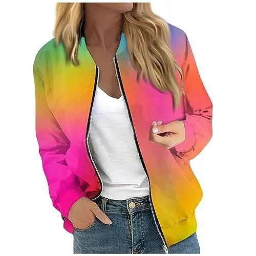 Produktbild: Übergangsjacke Teenager Mädchen Übergangsjacke Für Damen Langarm Bomberjacken Blumen Lässige Jacken Leichte Reißverschluss Vorne Windjacke Winterjacken Für Damen Jackenaufhänger Orange L