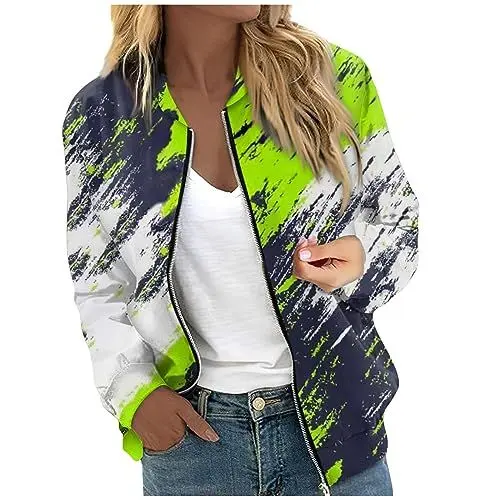 Produktbild: Übergangsjacke Teenager Mädchen Welle Gedruckt Tägliche Jacken Full Stand Kragen Mantel mit gerippten und Taschen Oberteile Oberbekleidung Winterjacken Für Damen Jackenaufhänger Mint Green L