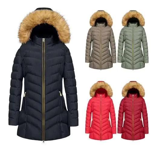 Produktbild: üBergangsjacke Damen Herbst Lang Steppjacke Elegant Daunenjacke mit Kapuze Reissverschluss Wasserdicht Leicht Winterjacke Dicke Jacket Winterparka GefüTtert Fleece Kuscheljacke Wintermantel