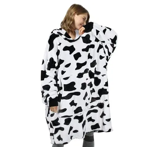 Produktbild: Übergroße Fleece Hoodie Decke Kuh Druck, Warme Großes Kapuzendecke Tragbare Decke zum Anziehen , Flauschige Kapuzenpulli Decke mit Ärmeln und Kapuze als Geschenkidee für Damen und Herren