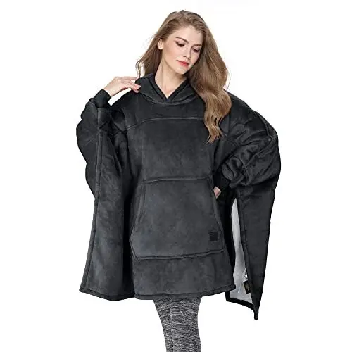 Produktbild: Übergroße Sherpa Hoodie Poncho Decke, Flauschige Warme Oversized Kuscheldecke mit Ärmeln und Kapuze, Tragbare Decke zum Anziehen als Geschenkidee für Damen Herren