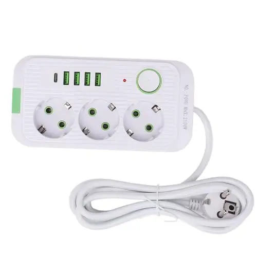Produktbild: Überspannungsschutz, Europäische 10-A-2500-W-Steckdosenleiste mit 3 Steckdosen, 4 USB- und 1 Typ-C-Anschluss, Wandmontierbarer Universal-Reiseadapter (White)