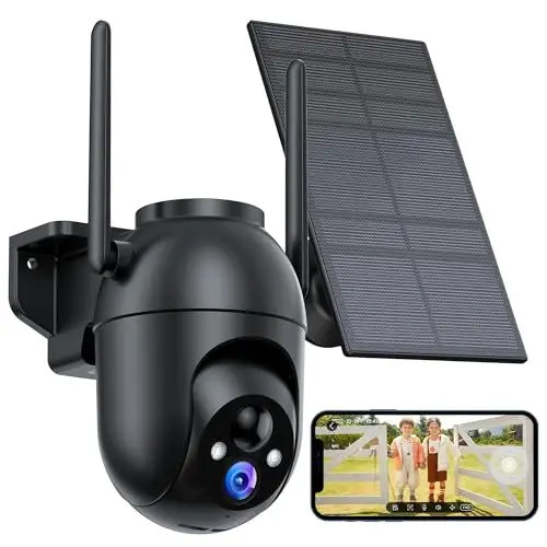 Produktbild: Überwachungskamera Aussen Akku und Solar: 2K WLAN Kamera Outdoor Kabellos - 360° PTZ Außenkamera mit Monitor Alarmanlage Nachtsichtfunktion WiFi Camera Bewegungsmelder