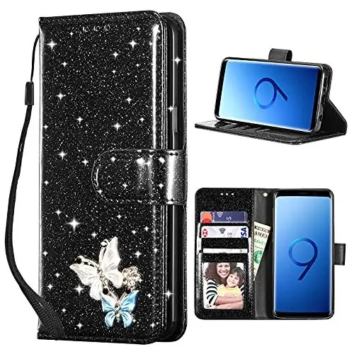 Produktbild: UEEBAI Klapphülle für Samsung Galaxy S9, PU Lederhülle Glitzer 3D Schmetterling Flip Cover Standfunktion mit Kartenfach Schutzhülle Diamant Glänzende Geldbörse Handschlaufe Etui - Schwarz