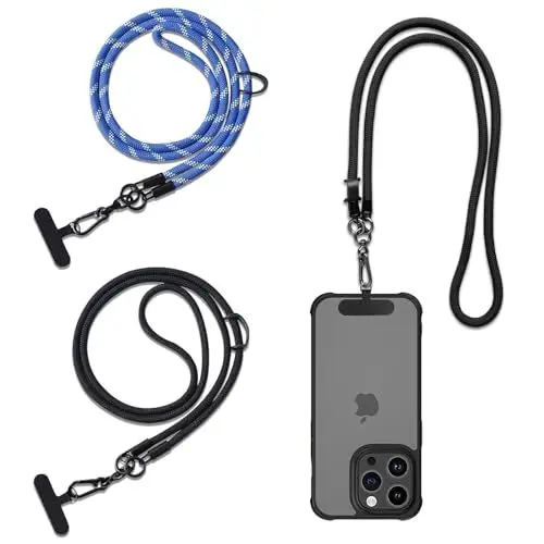 Produktbild: UEPOA 2 Stück Handykette Universal, Handy Band zum UmhäNgen Nylon Handy Kette mit Metallclip, Abnehmbare SchlüSselband Schwarz Handyband für Alle Standard HandyhüLle (Blau, Schwarz)