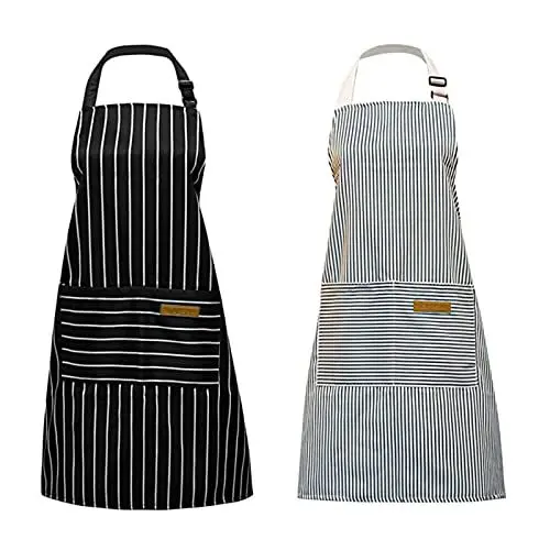 Produktbild: UEPOA 2 Stücke Küchenschürze, Verstellbare Schürze mit 2 Taschen Maschinenwaschbar Kochschürze aus Baumwolle Leinen Damen und Männer zum Kochen, Backen, Malen, Hausarbeiten (Schwarz, Grau)