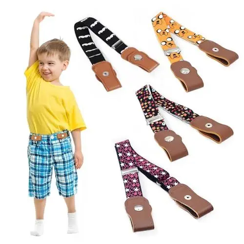 Produktbild: UEPOA 4 Stück Gürtel Ohne Schnalle, Verstellbare Kindergürtel Unsichtbare Stretchgürtel Kinder Elastische Gürtel Kinder mit Leder für Jungen Mädchen Jeans Shorts Hosen Kleid