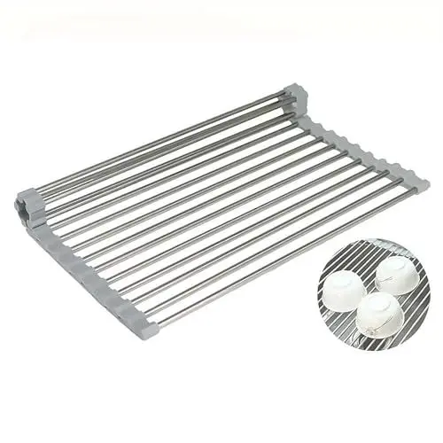 Produktbild: UEPOA Abtropfgitter spüle, Abtropfgestell Geschirr Edelstahl Abtropfgestell spüle schwarz Klappbar Spülenabdeckung rollbar Spülbecken Geschirrabtropfgestell 37 x 29.5 cm