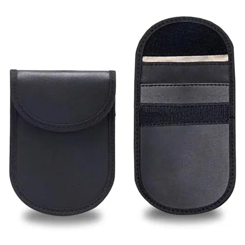 Produktbild: UEPOA Keyless Go Schutz Autoschlüssel, 2 Stück Faraday Tasche Leder RFID Blocker Autoschlüssel Hülle Schlüsseltasche Schwarz Funkschlüssel Abschirmung Bag 14×10cm