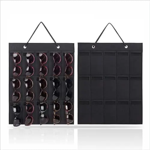 Produktbild: UEPOA Hängende Sonnenbrillen Aufbewahrung, 2 Stück Hängende Sonnenbrille Organizer mit 15 Fächer Aufbewahrung Sonnenbrillenhalter Staubdichter Filz Brillenhalter für Wand (Schwarz)