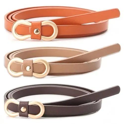 Produktbild: UEPOA Schmaler Gürtel Damen 3 Stück PU Leder Damengürtel Verstellbarer Dünner Taillengürtel Retro Skinny Schmal Ledergürtel für Kleid Jeans Hosen mit Goldschnalle (Braun Khaki Camel)