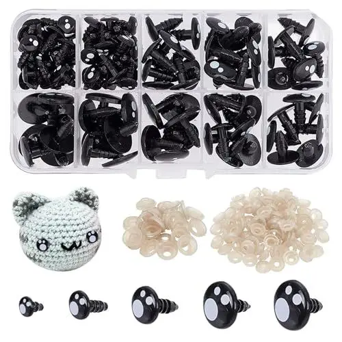 Produktbild: UEPOA Sicherheitsaugen für Häkeltiere, 100 Stück Knopfaugen für Häkeltiere Schwarz Puppenaugen Stofftier Augen 8-16mm Safety Eyes für Häkeltiere Puppe Plüschtier Basteln