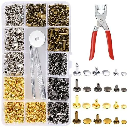 Produktbild: UESDU Ledernieten Set, 180 Sätze Hohlnieten mit Nietenzange und Lochzange 12mm 8mm 6mm Leder Nieten Metallniete Doppelkappe für DIY Lederhandwerk Handwerk Nähen