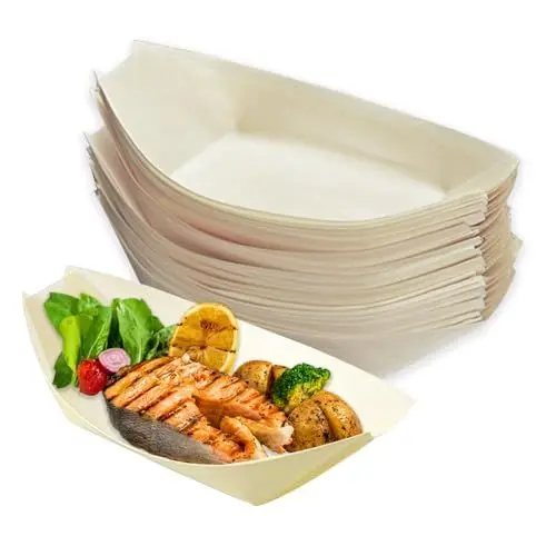 Produktbild: UESDU Pappschalen, Fingerfood Schalen 50 Stück Pommes Einwegschalen 15 x 7 cm Holz Einweggeschirr Schiffchen Snackschale für Würstchen Pommes Sushi