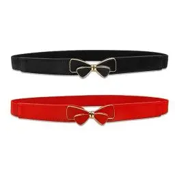 Produktbild: UESDU Taillengürtel Damen 2 Stück Elastischer Gürtel Schwarz und Rot Schmal Damengürtel Mode PU Leder Hüftgürtel Verstellbarer Retro Dekorativen Gürtel für Kleide Mantel